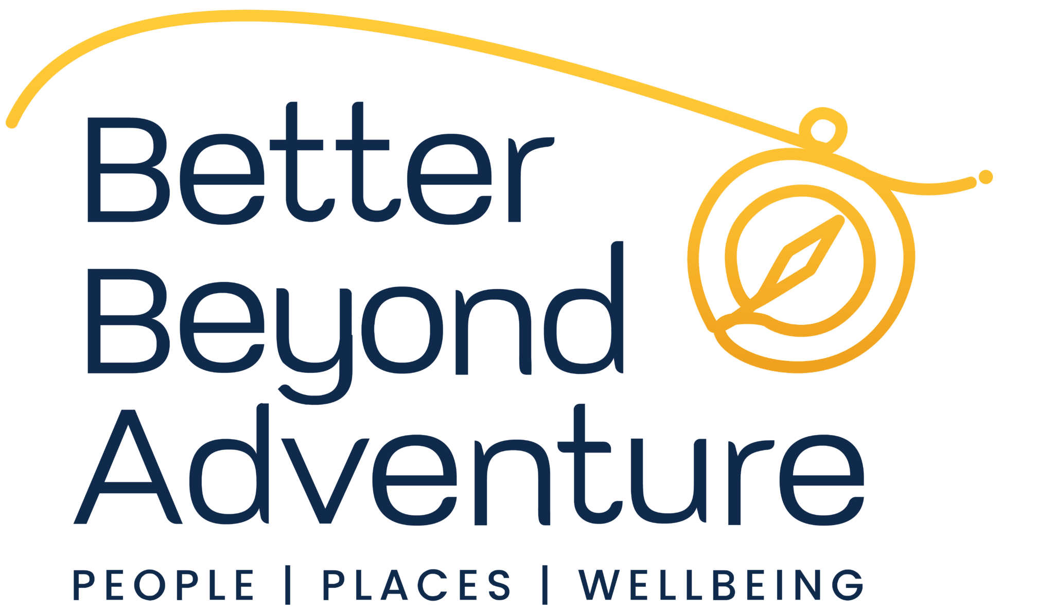 Logo for "Better Beyond Adventure" features text in dark blue and a stylized gold compass with a leaf. Below, it reads: "People | Places | Wellbeing".