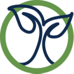 A dark blue outline of a stylized plant with two leaves, encircled by a green ring.