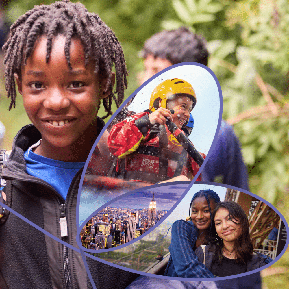 A young person smiles at the camera. Overlay features three images: a person in rafting gear, a city skyline, and two people posing together on a bridge. Greenery is in the background.