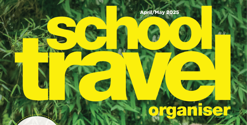 Bright yellow text reads "school travel organiser" against a green leafy background, with "April/May 2025" in smaller white text at the top.