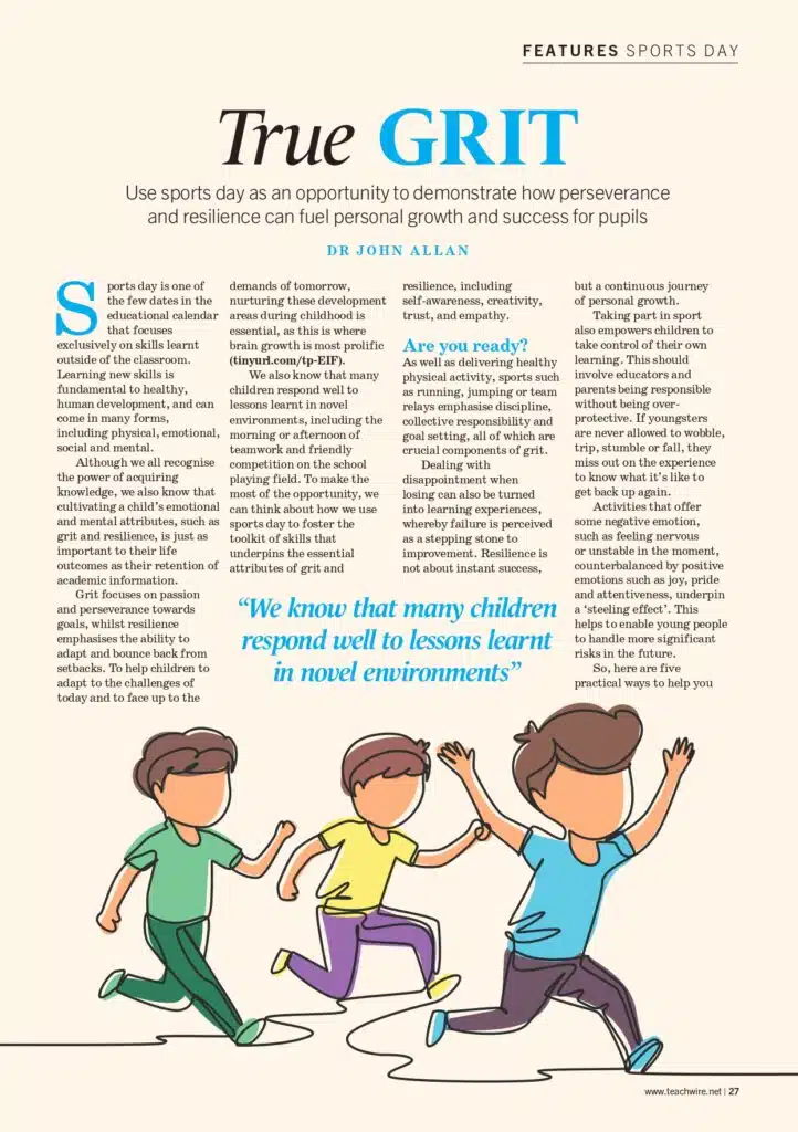 Children run a race on a track, viewed from behind, while an article about the importance of perseverance and resilience in sports day is displayed above them.