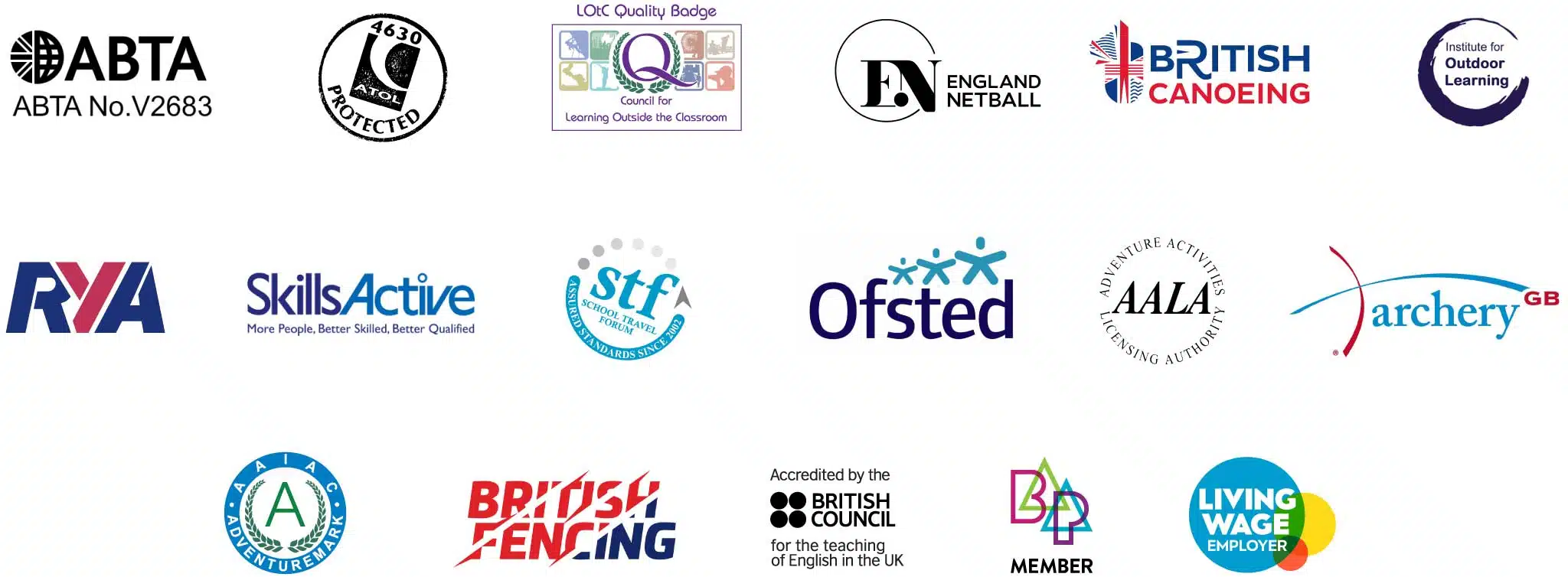 A grid displaying 15 different organizational logos, including ABTA, Ofsted, British Canoeing, Royal Yachting Association, and British Fencing, among others.