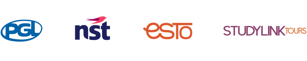 Logos of four organisations: PGL in blue, NST in navy with a pink bird, ESTO in orange, and STUDYLINK TOURS in purple and orange.