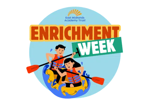 East Midlands Academy Trust Enrichment Week logo featuring a cartoon illustration of two people in life jackets paddling a yellow raft.