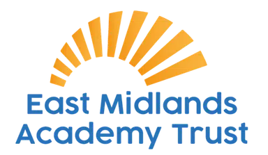 Logo for the East Midlands Academy Trust, featuring an orange sunrise-shaped graphic above the blue text.
